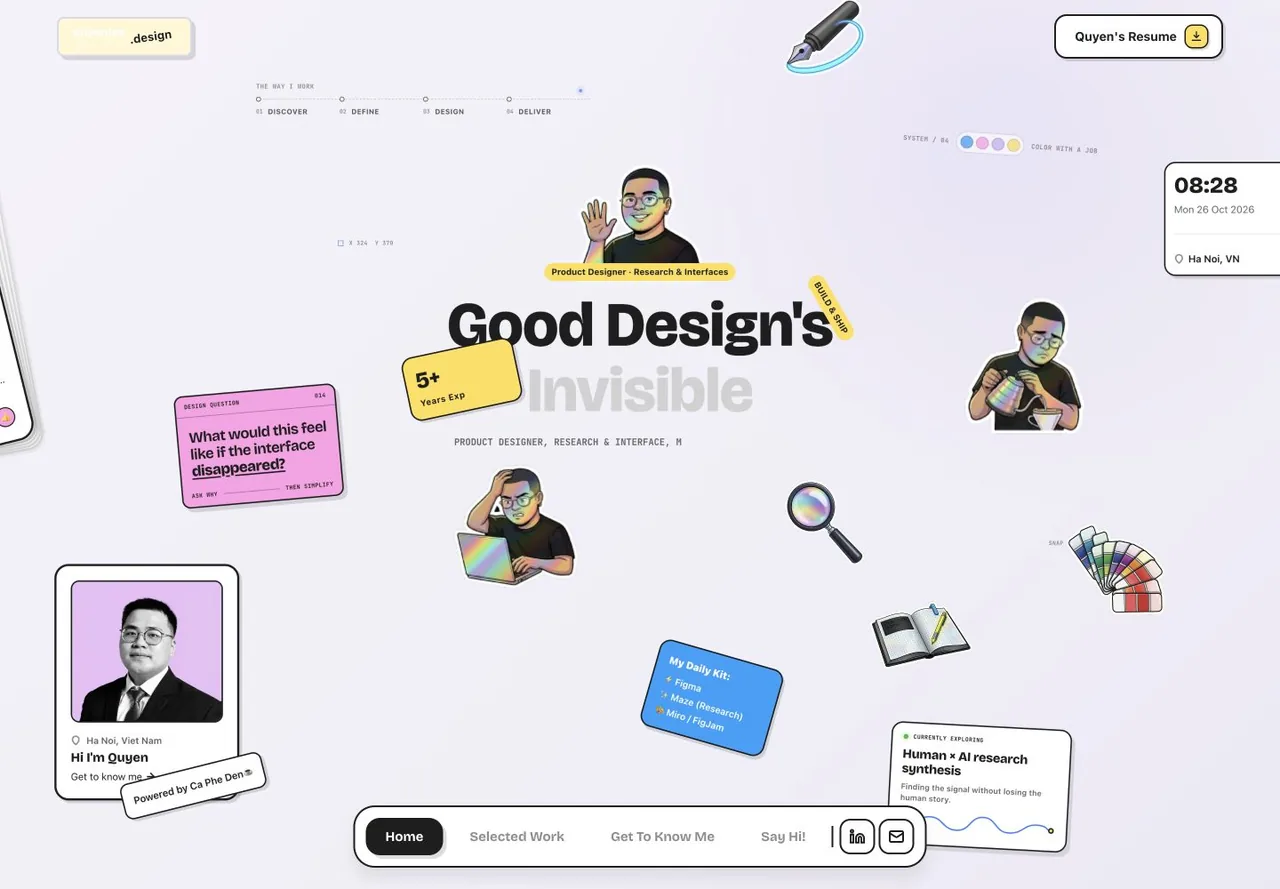 Quyen LM desktop homepage, with illustrated characters, scattered cards and a navigation dock.